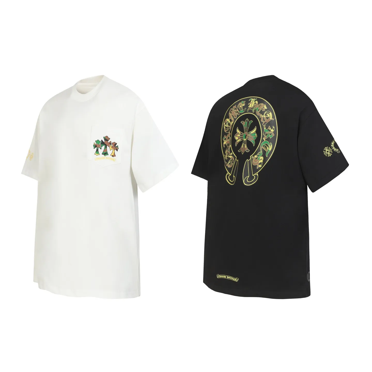 P160 Cross-border running quantity model, please do not place an order if you pursue quality - Chrome Hearts/Chrome Hearts green military flower Sanskrit horseshoe print popular short-sleeved T-shirt - High weight, high density and high quality, soft, delicate and skin-friendly wool, soft and silky to the touch, excellent warmth and skin-friendly properties - Custom-woven and custom-dyed, no color difference, no matter the fabric or workmanship details, beat the ordinary version on the market -Colour: black white -Size: S M L XL
